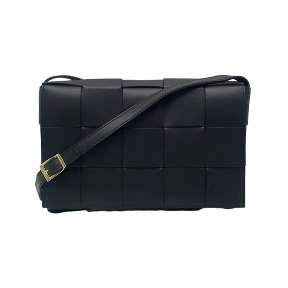 Valentina Fiore Woven Black Leather Messenger Crossbody Bag - Picture 1 of 13